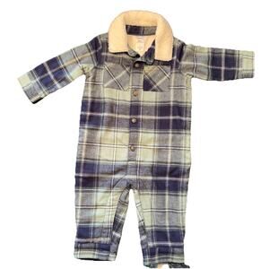 Carter's Baby One-Piece Sz 9 M Green And Navy Plaid Fleece Lined Baby Jumpsuit‎